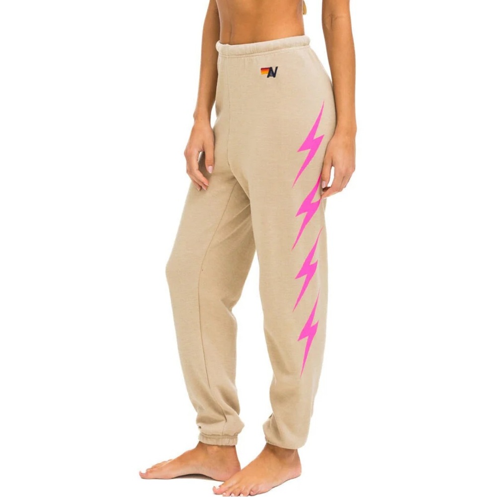 Aviator Nation Bolt Sweatpants - Tan with Pink Lightning - Size Small EUC